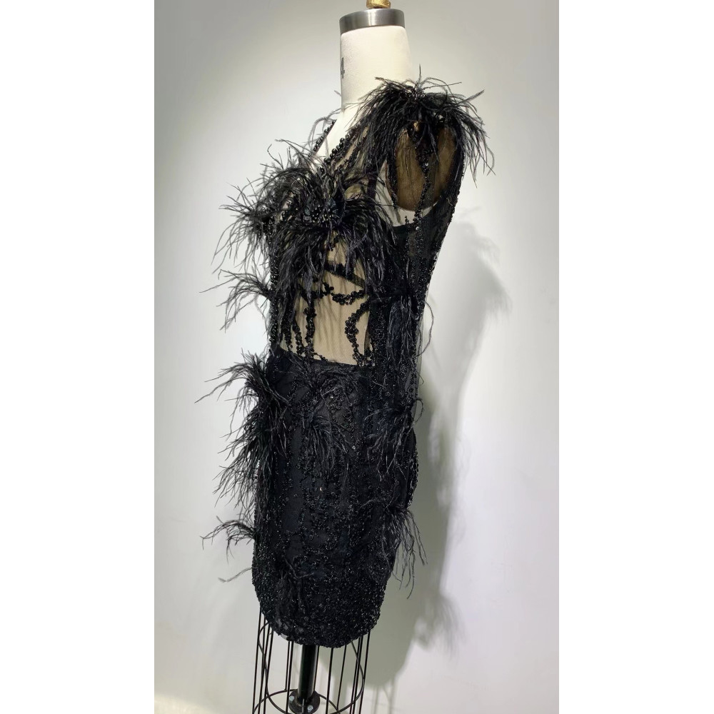 Mesh Long-sleeved Sequin Feather Casual Dress
