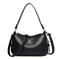 Middle-aged Women's Bags, Solid Color Bags, Ladies Fashion Soft Leather Large-capacity One-shoulder Messenger Bag - Black - View 1
