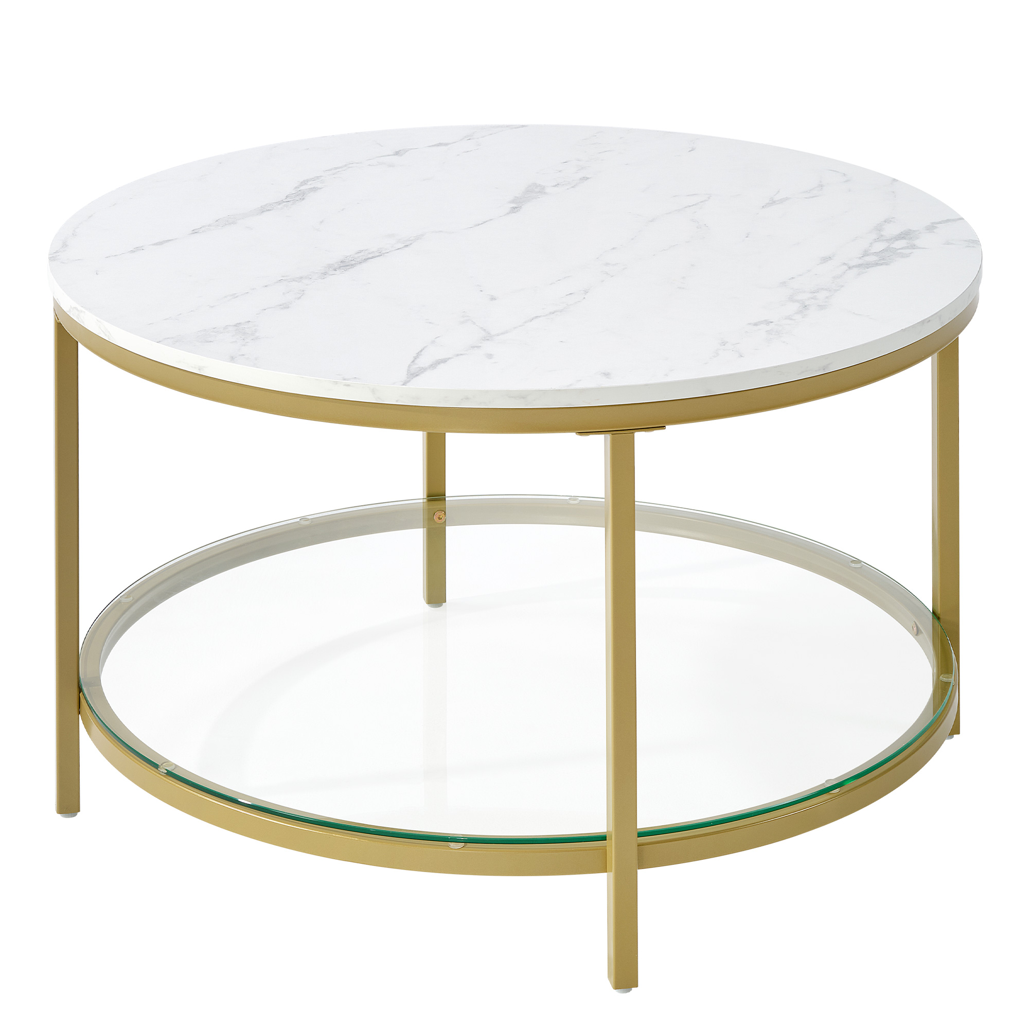The Living Room Features A Marble Circular Glass Coffee Table, And A Double-layer Circular Transparent Coffee Table With Storage Function.