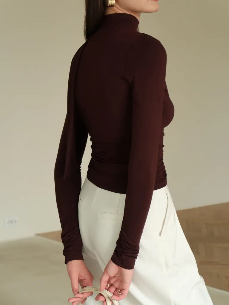 Ribbon V-neck Scarf Long-sleeved Base Shirt - Image 22