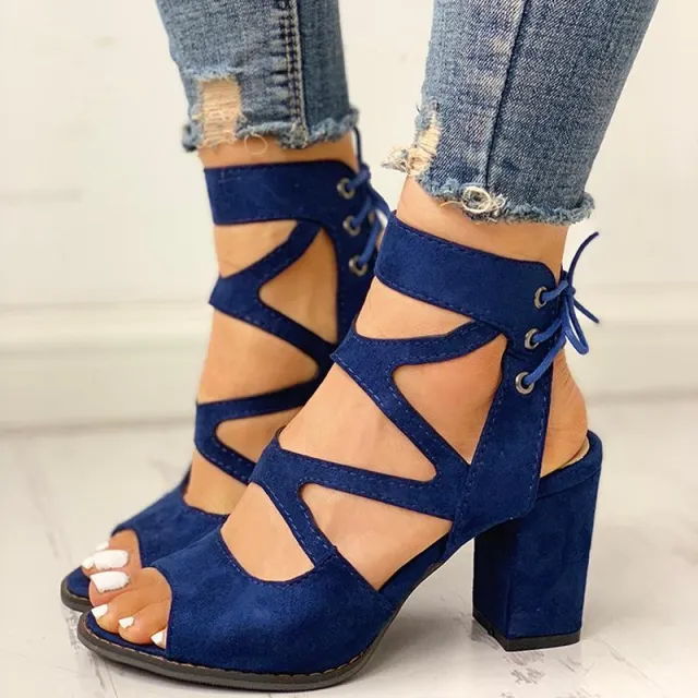 New Fashion Casual Thick High Heel Fish Mouth Fingerless Sandals For Women Blue - Shop at LoveMi