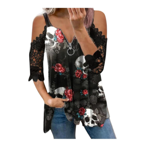 V Neck Zipper Casual T-shirt Loose Print Top
