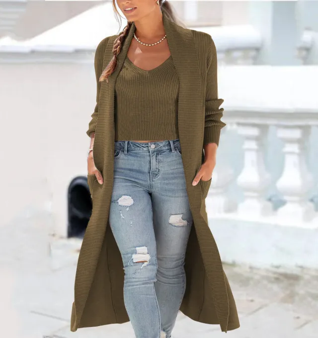 New Cardigan Trench Coat Knitted Loose Sweater Vest Suit Coffee - Shop at LoveMi