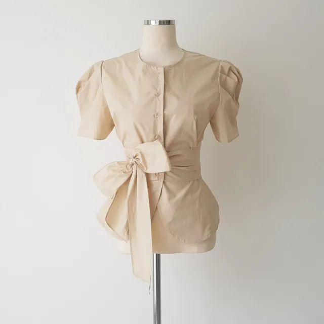 Ladies Temperament Round Neck Single breasted Tie waist Top Apricot - Shop at LoveMi