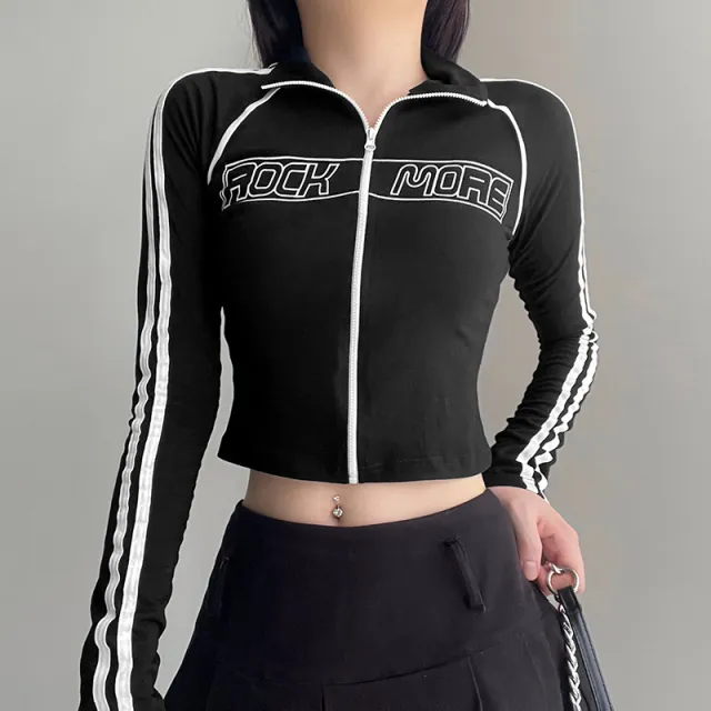 Lapel Zipper Contrast Color Braid Stitching Long Sleeve Sweater Basic Slim Fit Letter Fall Winter Coat Black - Shop at LoveMi