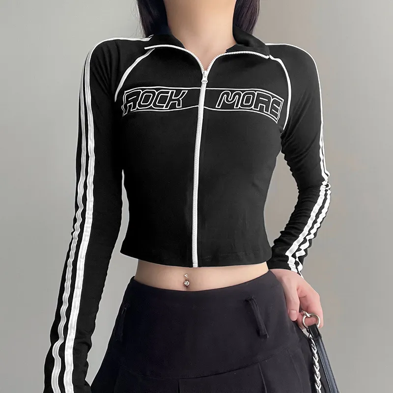 Lapel Zipper Contrast Color Braid Stitching Long Sleeve Sweater Basic Slim Fit Letter Fall Winter Coat - Black