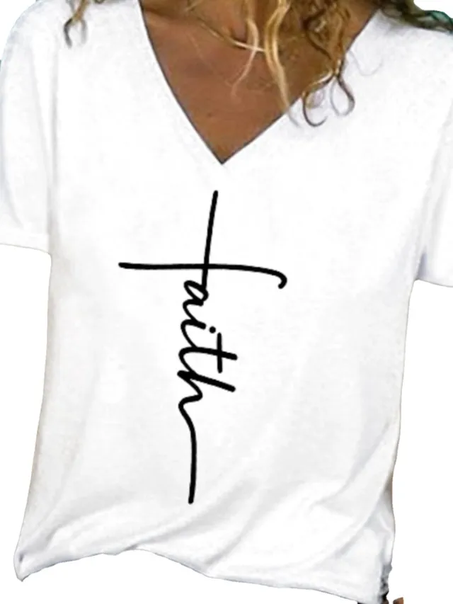 Women's Fashion V neck Printed T shirt White - Shop at LoveMi
