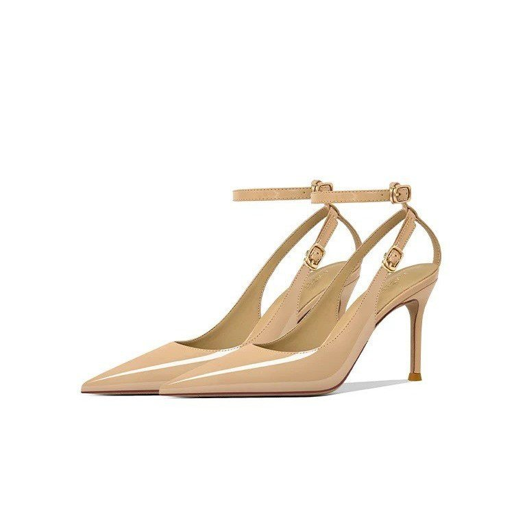 Women's Minimalist European & American Style Pointed Toe Patent Leather Stiletto Sandals, Ankle Strap, Slim Fit, Sexy Nightclub Shoes