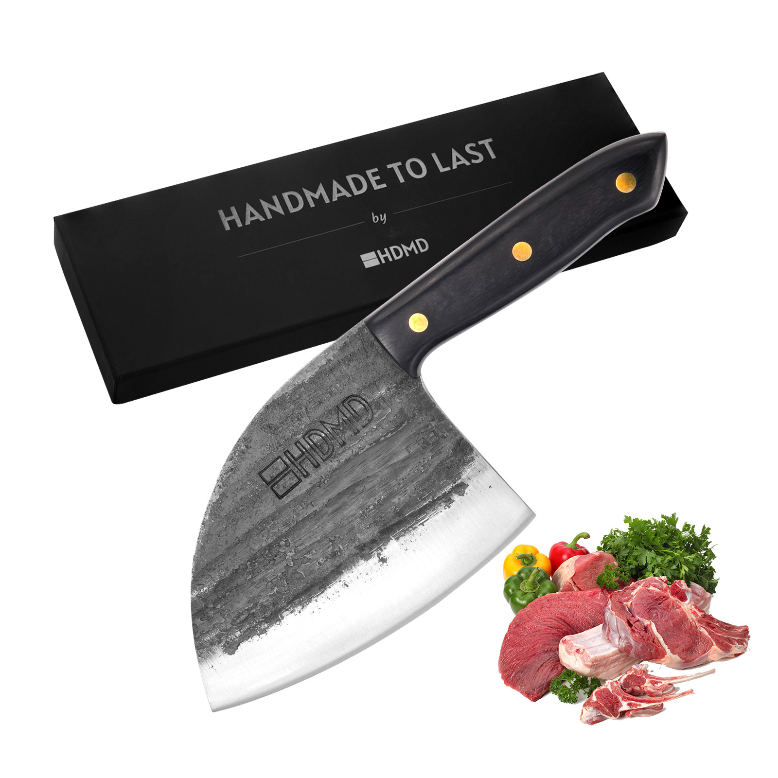 HDMD Meat Cleaver Knife - High Carbon Steel. High Quality Meat Cleaver This kitchen cleaver knife is real hand forged and made of high carbon steel, it's blade uses a V-shaped and fine processing blade, high hardness and wear resistant. Hand polished edge