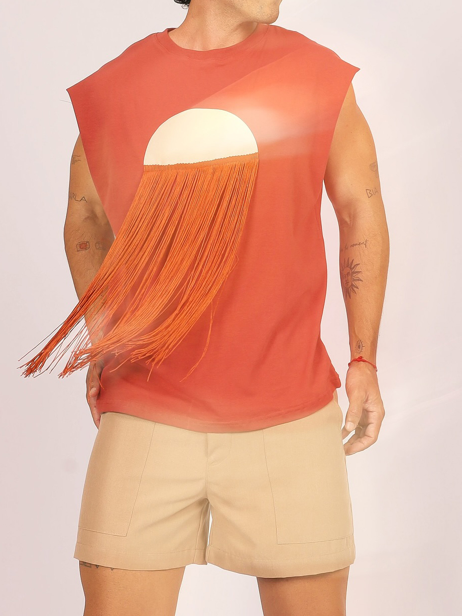 Terracotta Sleeveless Fringe Accent Top