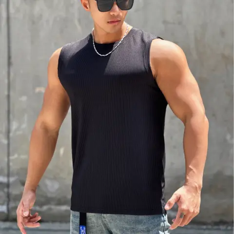Summer Workout Vest Exercise Sleeveless Round Neck Striped Quick-drying