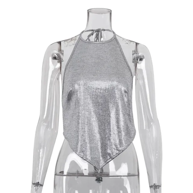 European And American Women's New Fashion Reflective Backless Top Silver - Shop at LoveMi