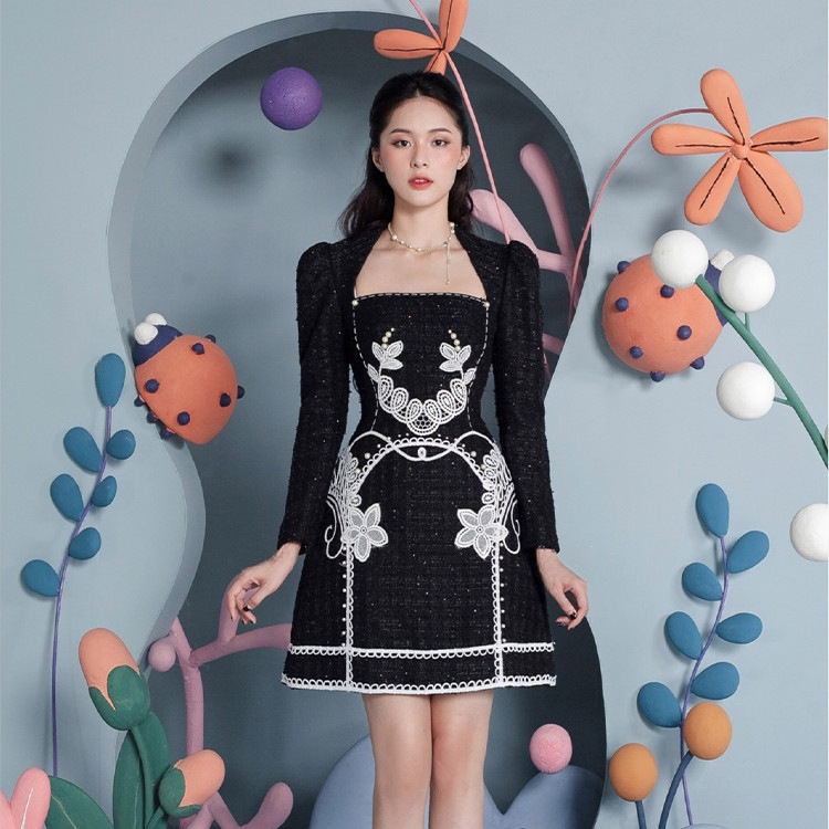 Ladies Fashion Spring Embroidered Black Dress — image 1