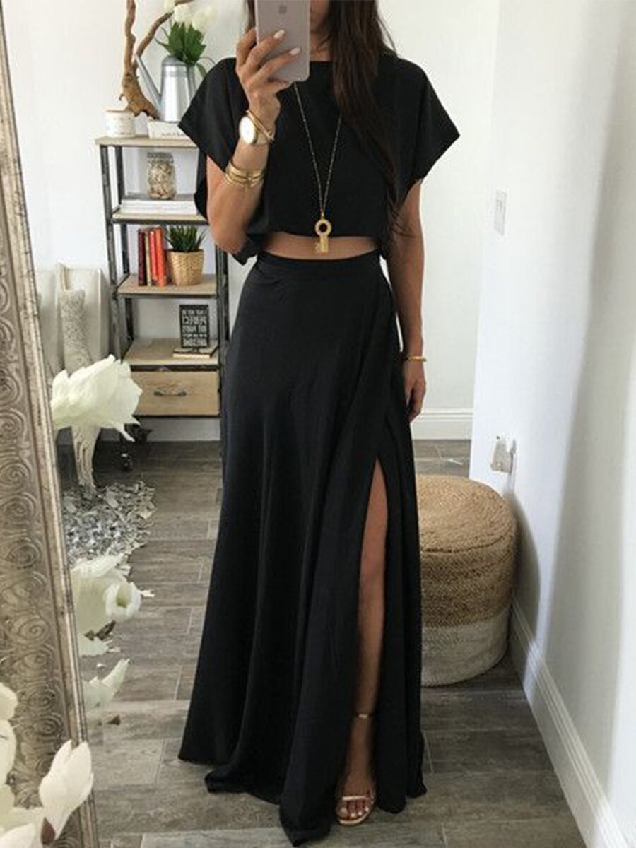 Black Casual Loose Cropped Top And Split Half-length Skirt Fashionable Two-piece Summer Suit