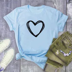 Heart Print T Shirt Women Short Sleeve O Neck Loose Tshirt Summer Women Causal Tee Shirt Tops Clothes Camisetas Mujer - Light Blue - View 1
