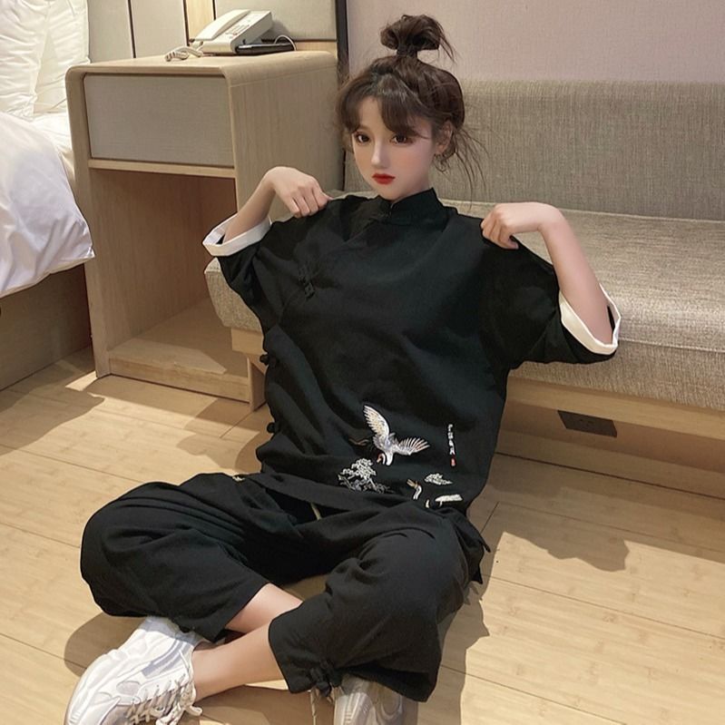 New Style Three-quarter Sleeve Suit Chinese Style Crane Embroidery Retro