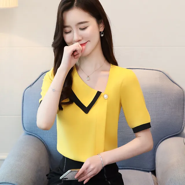 One Word Collar Short Sleeve Contrast Shirt Design Sense Female Yellow - Shop at LoveMi