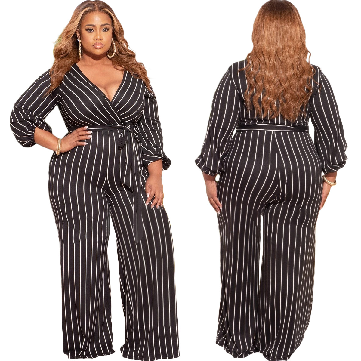 Women’s Placement Print Striped Plus Size V-Neck Jumpsuit