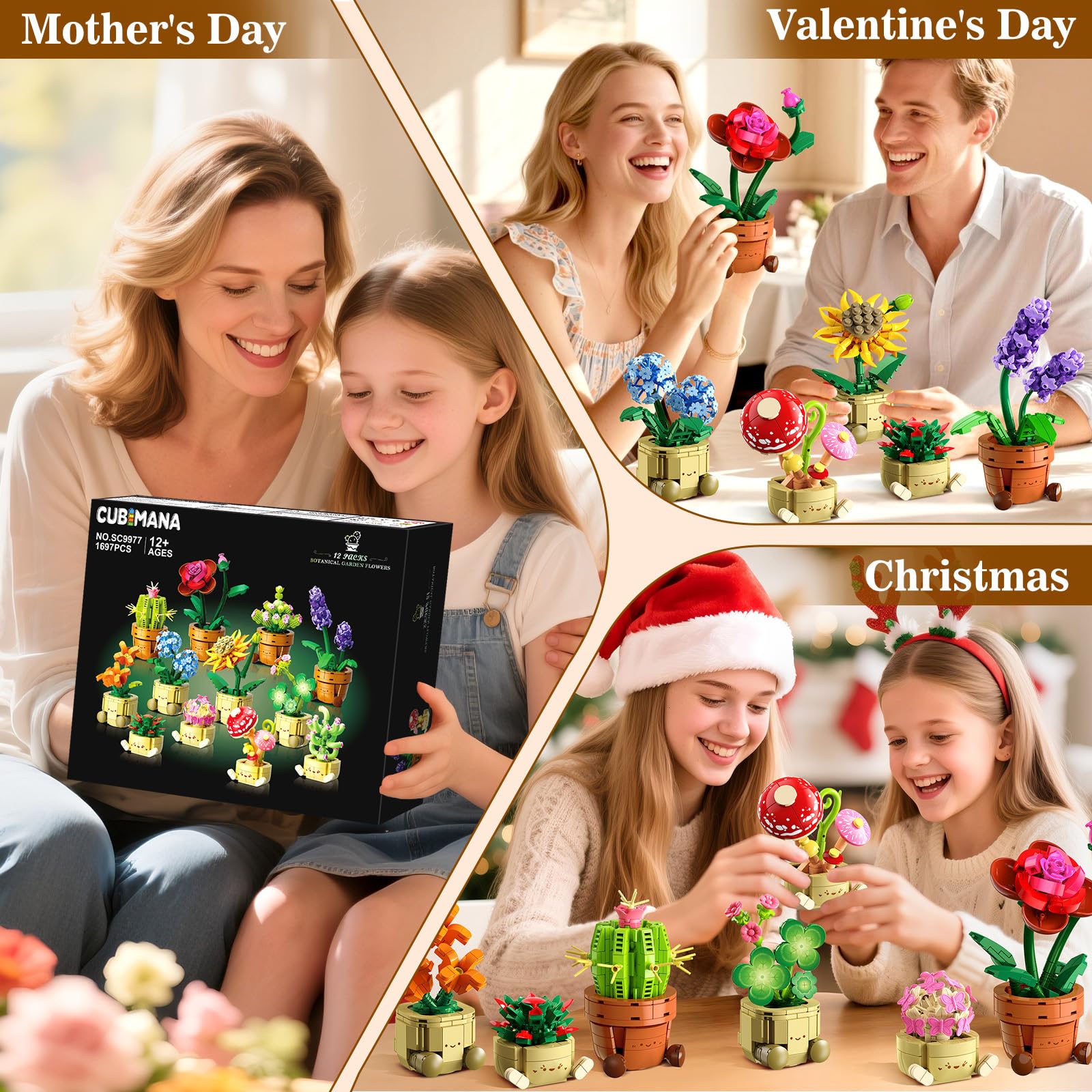 12 Pack Flowers Plants Mini Building Set - 1697PCS Flower Botanical 3.6MM Succulent Building Toy For Home Office Decor, Easter Birthday Party Favors Gift For Adults Girls Boys