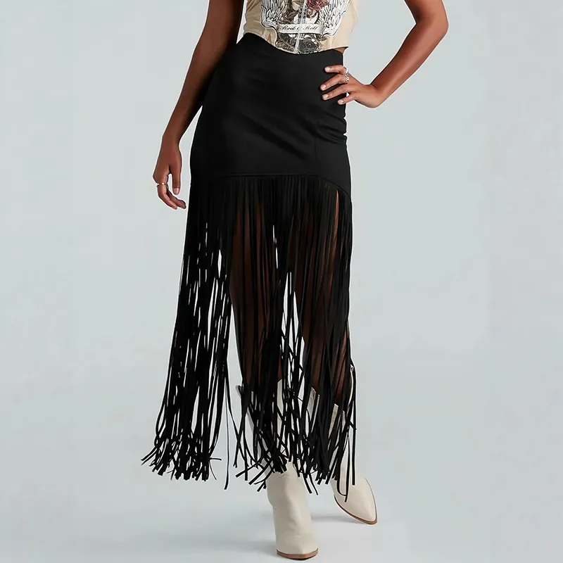 Women's Suede-Look Maxi Skirt With Fringe Hem, Western Bohemian Style Skirt For Spring And Summer - Black