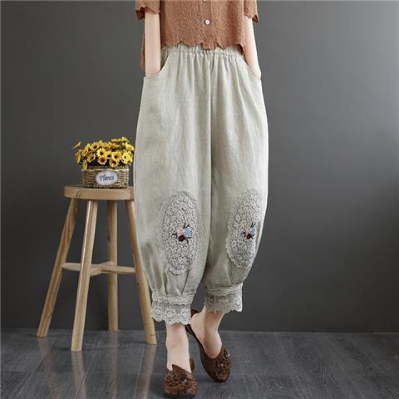 Paneled Cropped Leggings Loose Cotton And Linen Harem Bloomers Hemp Color - Shop at LoveMi