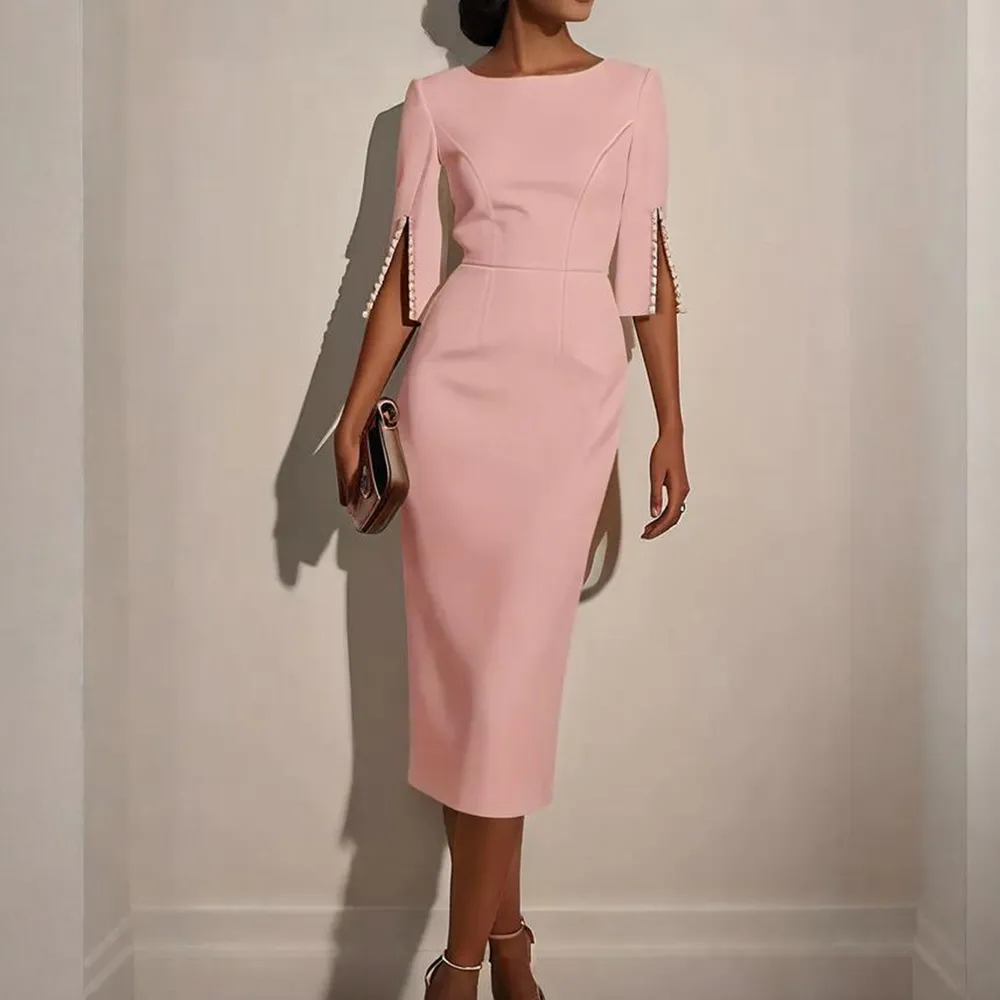 Women's Solid Colour Pearl-Embellished Round Neck Dress - Elegant Back Zipper & Slit Sleeve Formal Dress - Pink