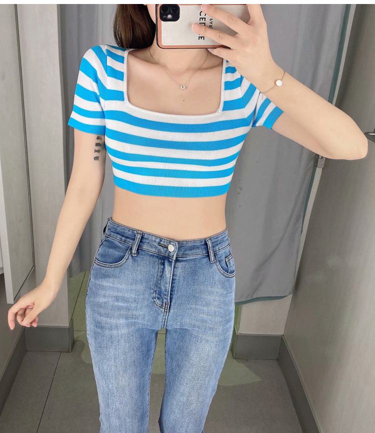 Title 5, New Two-tone Striped Square Neckline Cropped Sh...