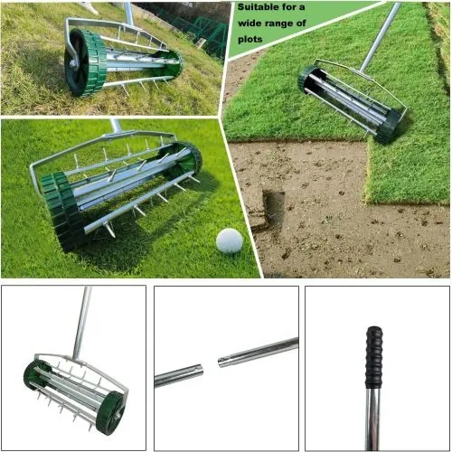 Heavy Duty Rotary Push Lawn Aerator With 3-Piece Long Steel Handle Spike Tine Design For Soil Aeration And Grass Maintenance Durable Rolling Garden And Yard Tool For Healthy Lawns