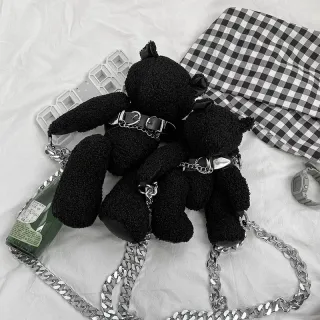 Cute Dark One-eyed Bear Mink Plush Chain Messenger Bag - Black