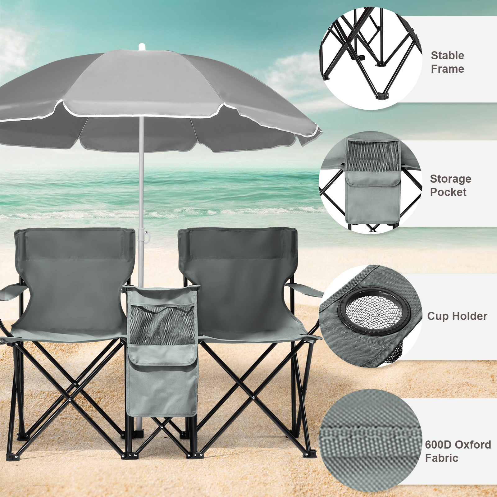 59x19.6x31in, Grey, Fishing Chair, Iron Stand, Oxford Cloth 85kg With Parasol thumbnail 1