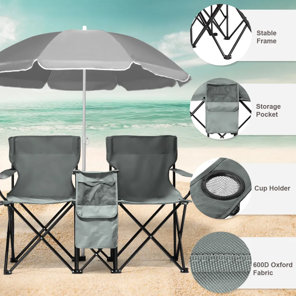 59x19.6x31in, Grey, Fishing Chair, Iron Stand, Oxford Cloth 85kg With Parasol
