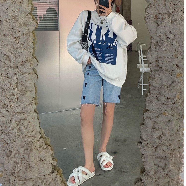 Jeans Women's New Loose Straight Five-Point Love High-Waisted Wide-Leg Pants