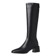 Women's Long Boots With Thick Heels And Square Head Show Thin Tall Thick Legs Elastic Large Circumference - Black - View 1