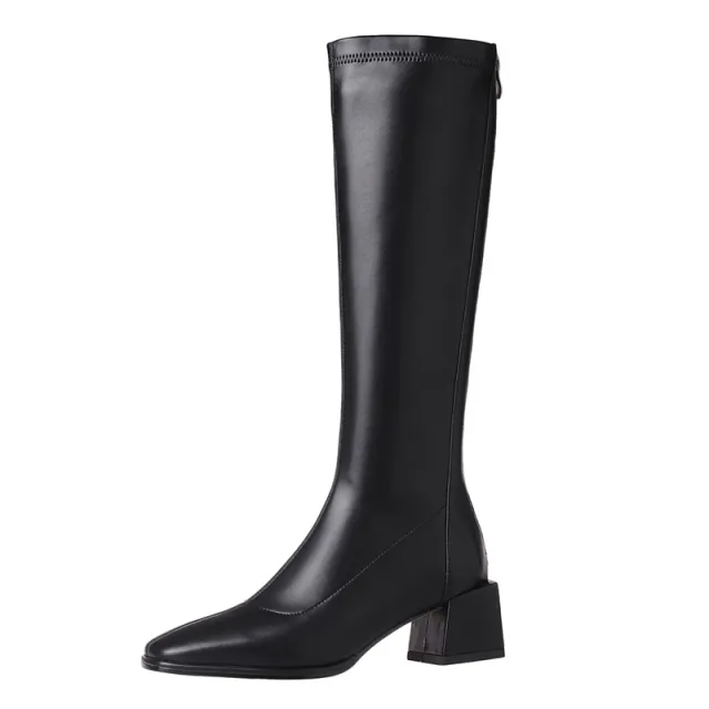 Women's Long Boots With Thick Heels And Square Head Show Thin Tall Thick Legs Elastic Large Circumference Black - Shop at LoveMi