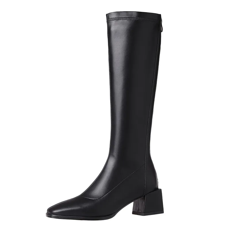 Women's Long Boots With Thick Heels And Square Head Show Thin Tall Thick Legs Elastic Large Circumference - Black