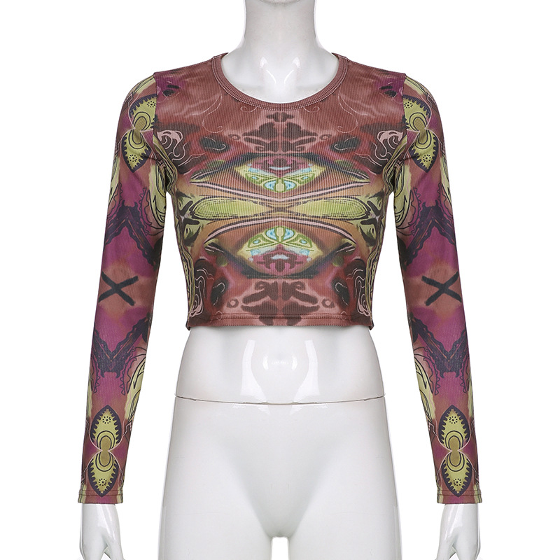 Street Hip Hop Print Round Neck Long Sleeve T Shirt Women