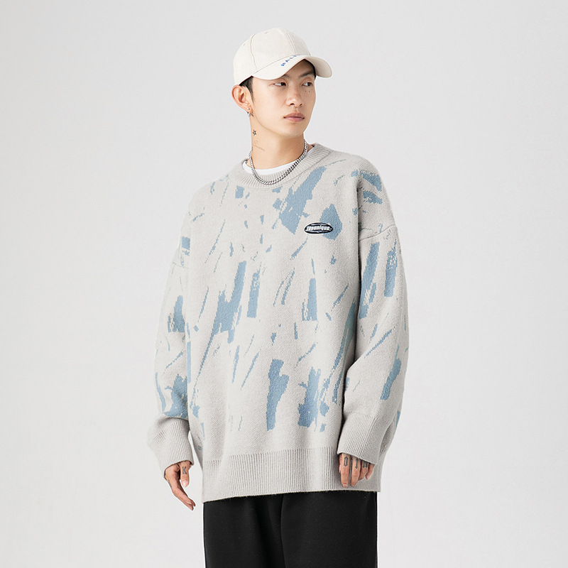 Japanese Men's Ink Splash Jacquard Design Sweater Crew Neck