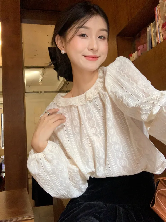 Women Fashion Puff Sleeve Slit Lace Shirt White - Shop at LoveMi