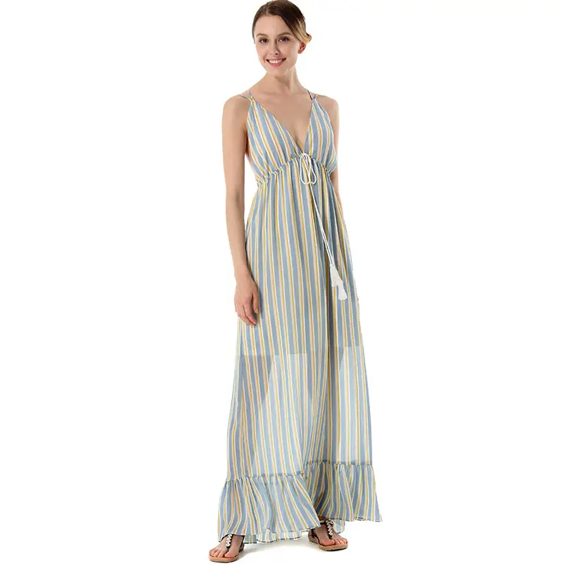 Striped Open Back Ruffled Maxi Dress