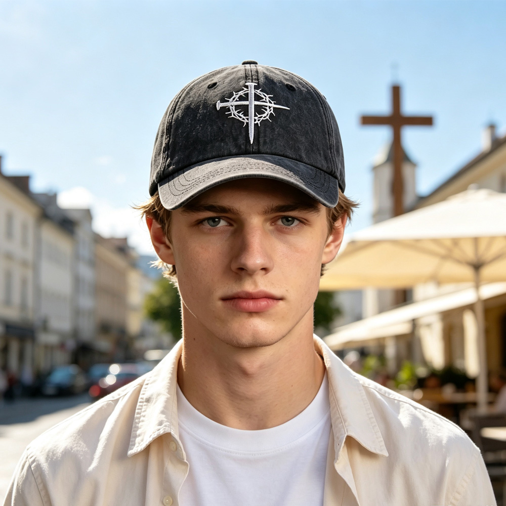 2pcs Crown Baseball Cap For Men Women, Crown Of Thorns Nail Cross Embroidery Christian Faith Hat, Adjustable Vintage Cotton Trucker Hat — foto 7
