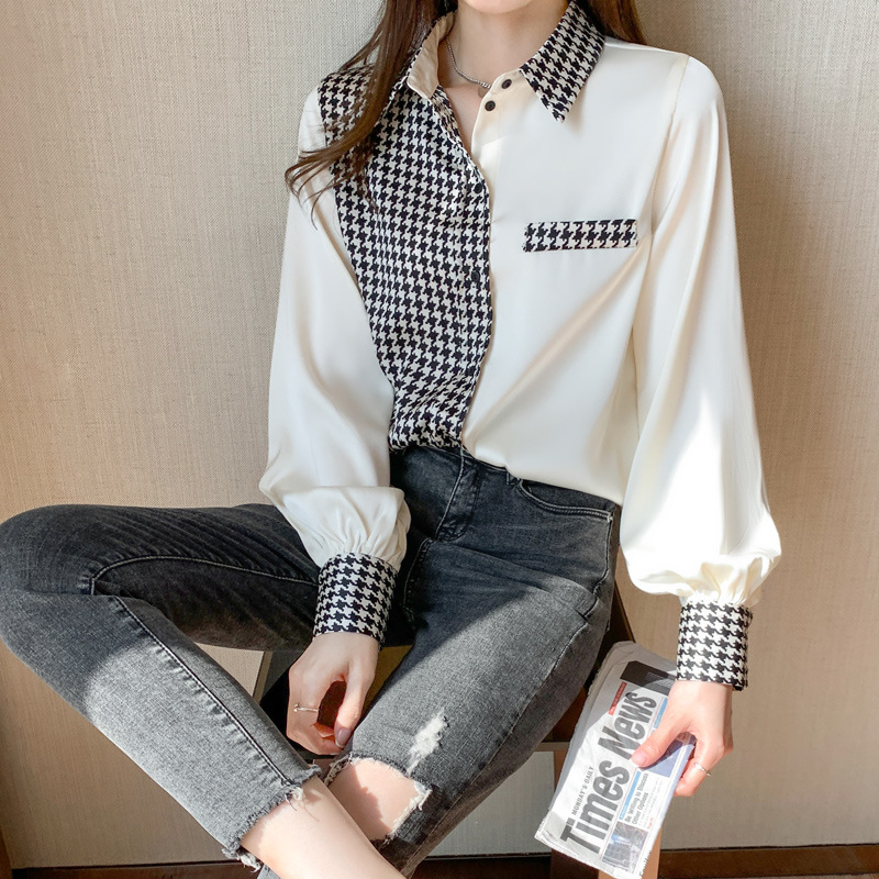 Chiffon Long Sleeve Shirt Women's Spring Houndstooth
