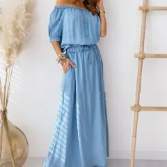 Women's Fashionable Simple Pure Blue Off-shoulder Denim Skirt - Blue - View 1