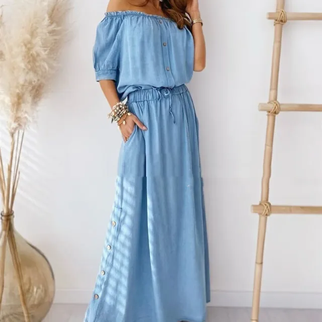 Women's Fashionable Simple Pure Blue Off shoulder Denim Skirt Blue - Shop at LoveMi