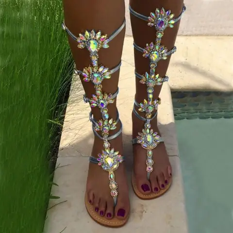 Summer New Fashion Rhinestone Flat Toe Roman Style Sandals
