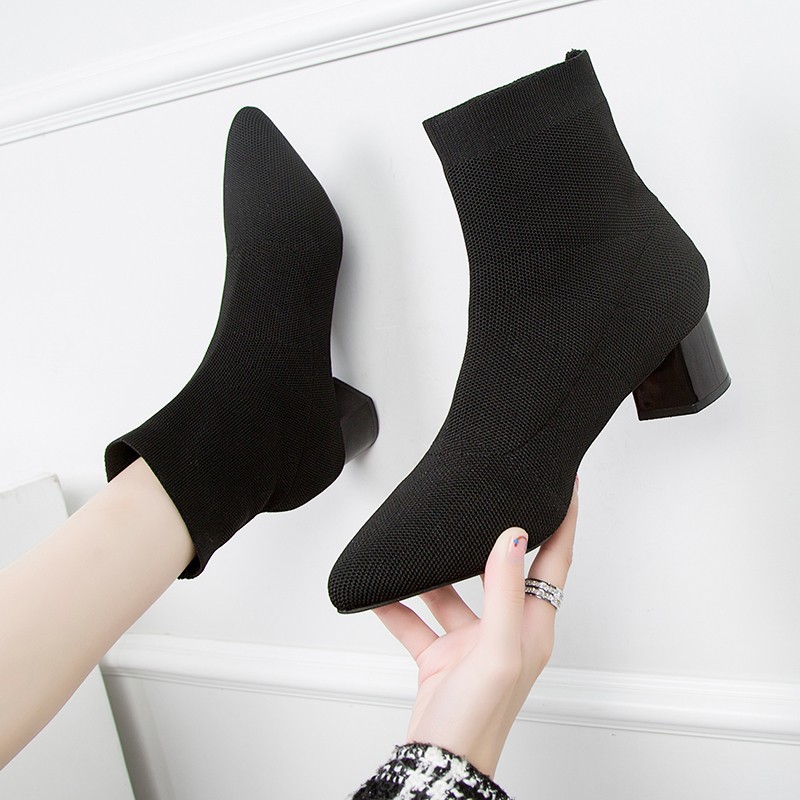 Stretch Boots Women's Mid-heel Pointed Knit Socks Shoes