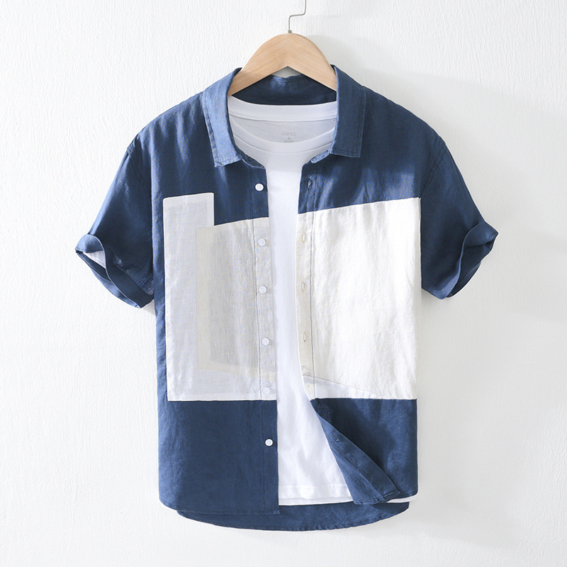 Contrasting Color Linen Short-Sleeved Shirt Men's Summer Thin Loose Linen Half-Sleeved Shirt