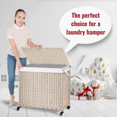 Laundry Hamper With Lid PE Rattan Powder Coating Frame Clothes Hampers With 02 Removable Bags, Wheels, 160L, Gray Color