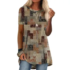 Round Neck Casual Ethnic Vintage Print Short Sleeve T-Shirt - Coffee - View 1
