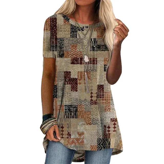 Round Neck Casual Ethnic Vintage Print Short Sleeve T Shirt Coffee - Shop at LoveMi
