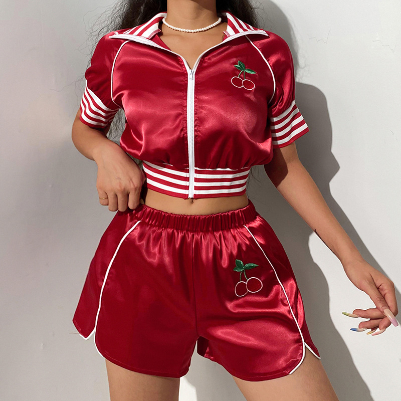 Cherry Embroidered Navel Zipper Cardigan Elastic Shorts Set